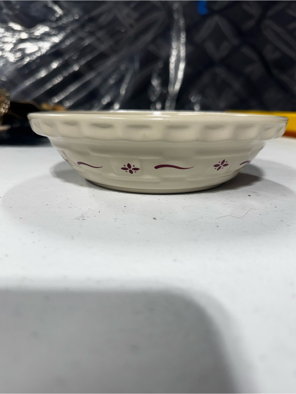 Longaberger Cream Serving Bowl with Maroon Floral Accent